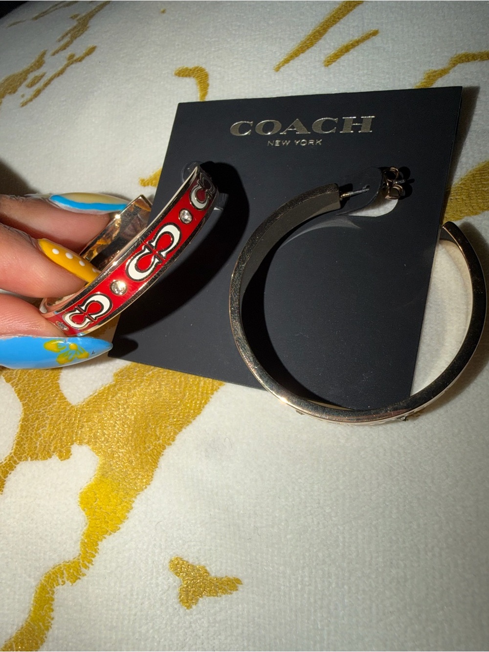 COACH Red Enamel Signature Hoop Earrings with Crystals - Picture 1 of 5